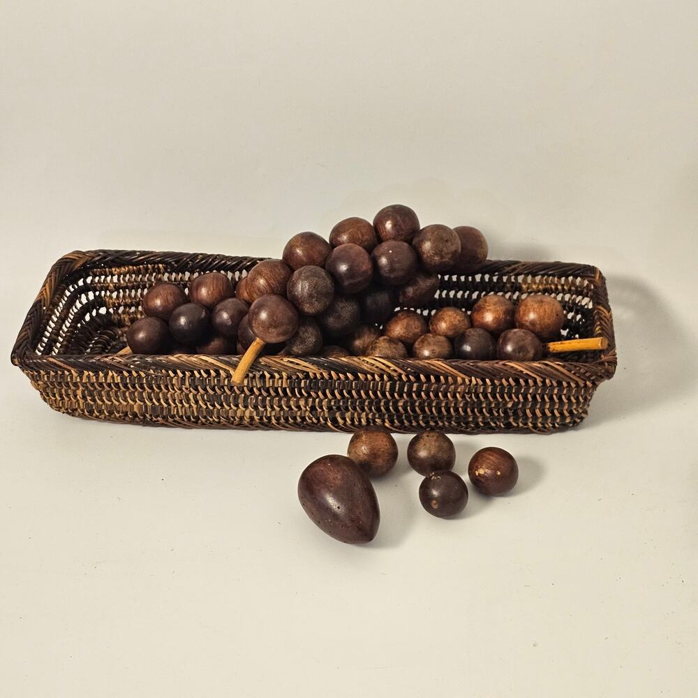 Vintage Hand Carved Wooden Grapes Wicker Basket Mid Century Decor 15"